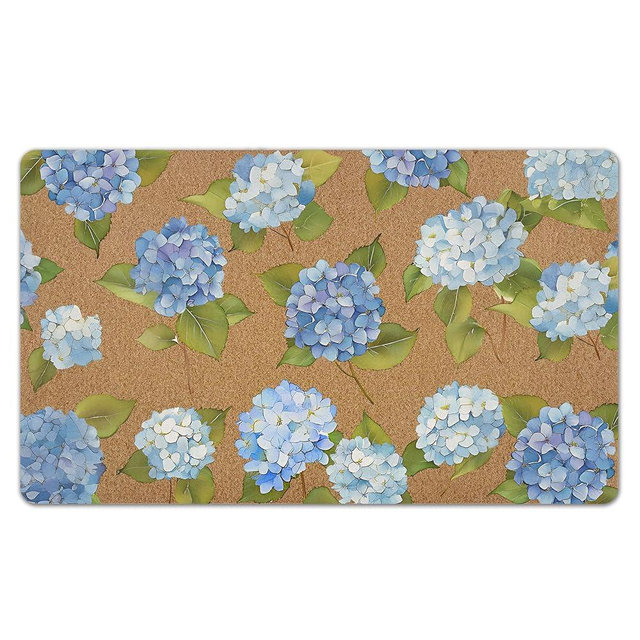 Blue Hydrangea Floral Door Mat, Durable Artificial Coir Mat, 18x30 Inch, Indoor Outdoor Porch Entryway Rug, Coastal Flower Decorative Doormat