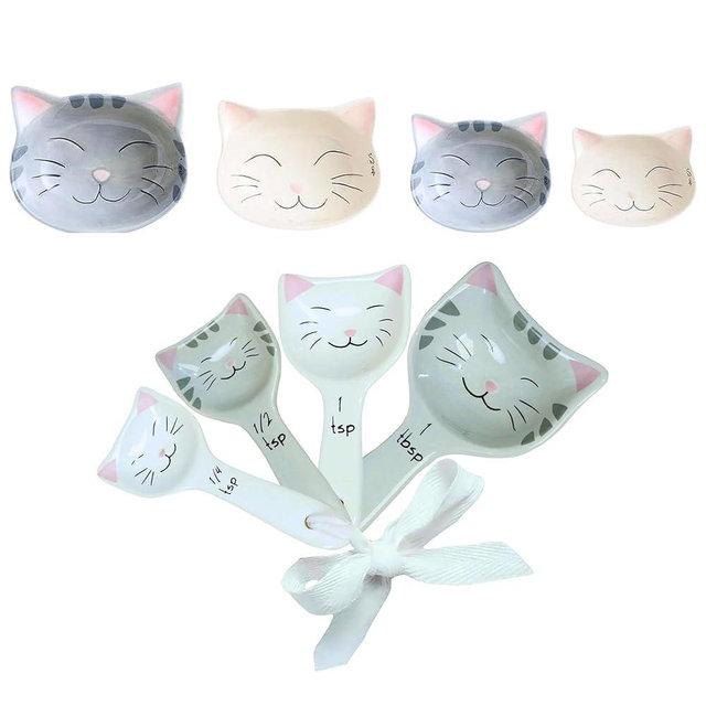 Cute Measuring Cups and Spoons Set - Cat Mom Gifts for Women - Cat Kitchen Accessories for Baking Gifts - Ceramic Measuring Spoons for Unique Baking Supplies - Fun & Decorative Kitty Cup for Cooking