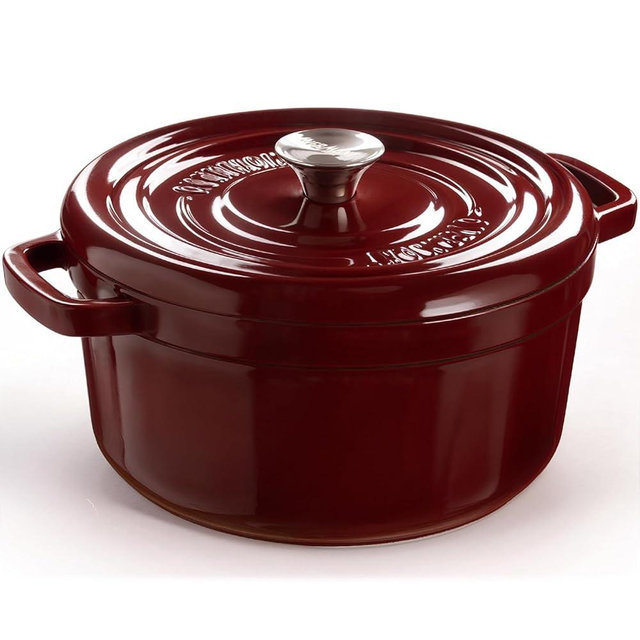 Overmont Enameled Cast Iron Dutch Oven - 5QT Pot with Lid Cookbook & Cotton Potholders - Heavy-Duty Cookware for Braising, Stews, Roasting, Bread Baking burgundy