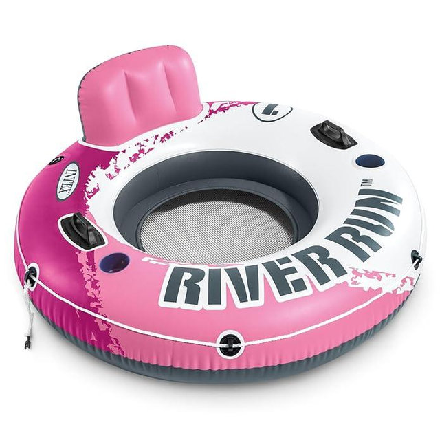 INTEX 58824EP River Run 1 Inflatable Floating Lounge: Comfortable Backrest – Built-in Cup Holders – Durable Grab Handles – All Around Grab Rope – 220lb Weight Capacity – Pink