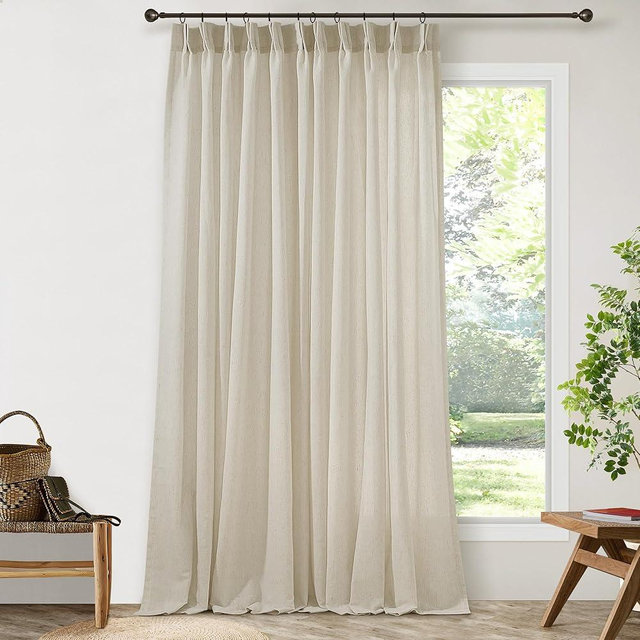 Greyish Beige Extra Wide Pinch Pleat Linen Curtains 84 Inches Long for Living Room Sliding Glass Door 72 Inch Wide Curtain Oatmeal Boho Pleated Drape with Hooks Rings Sheer 72x84 Large Window Drapes