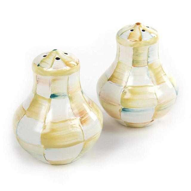MacKenzie-Childs Parchment Check Salt and Pepper Shakers, Enamel Cream-and-White Salt and Pepper Shaker Set