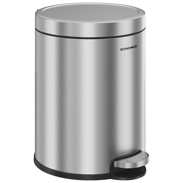SONGMICS Bathroom Trash Can, 1.6 Gallon (6 L) Small Toilet Garbage Bin with Lid, Soft-Close, Stainless Steel, Pedal, Inner Bucket, Bedroom, Metallic Silver ULTB016EZ01