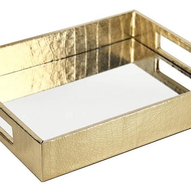 Vixdonos Decorative Mirror Tray,Gold Vanity Tray,Leather Catchall Organizer for Makeup,Perfume and Cosmetic on Dresser or Coffee Table(Small, Gold)