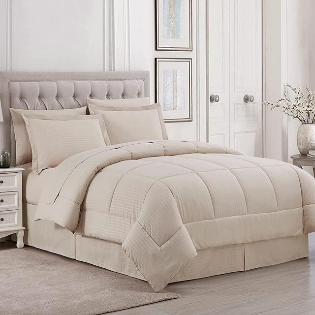 Sweet Home Collection 8 Piece Comforter Set Bag with Unique Design, Bed Sheets, 2 Pillowcases & 2 Shams & Bed Skirt All Season Warmth, King, Dobby Beige