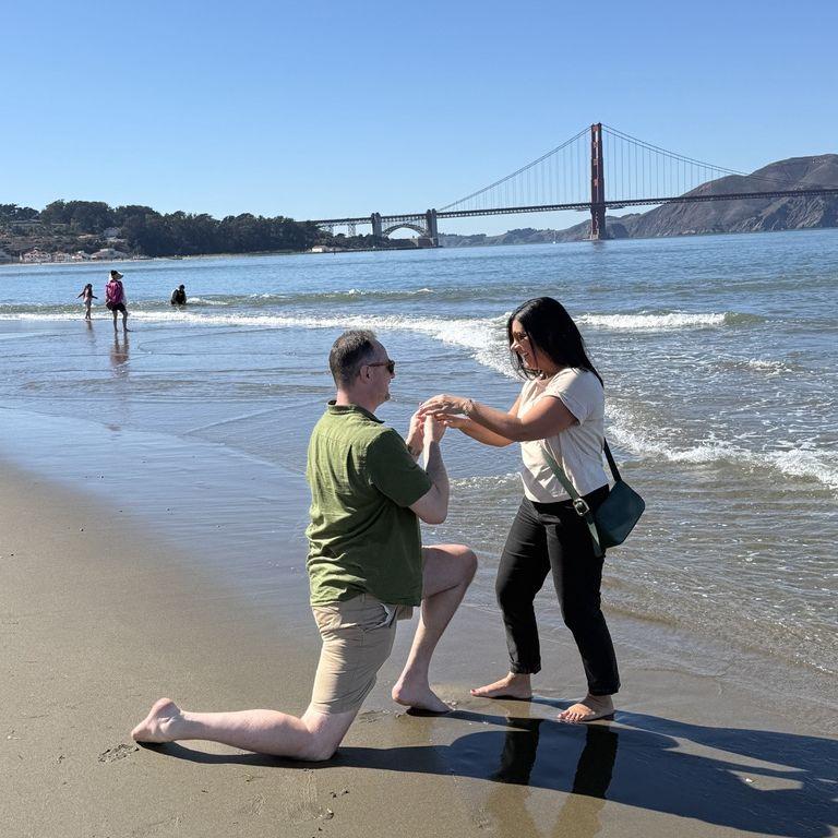Getting engaged in San Francisco, on Crissy Field Beach by the Golden Gate!