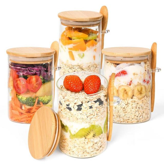 Xileanalee Overnight Oats Containers with Lids-4 Pack 18oz Overnight Oats Jars with Spoons-Glass Jar with Bamboo Lids for Chia Seed Pudding Salad Cereal Coffee Flour-Sourdough Starter Jar for Bread