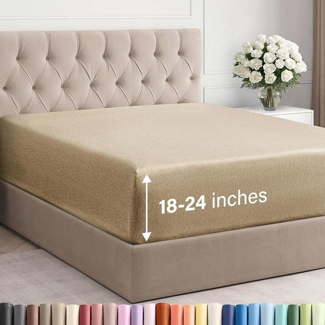 Extra Deep King Fitted Sheet - Hotel Luxury Single Fitted Sheet Only - Easily Fits 18 inch to 24 inch Mattress - Ultra Soft, Wrinkle Free with Extra Deep Pockets - Breathable & Comfy - Heathered Tan