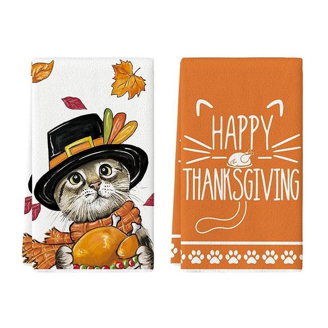 Artoid Mode Cat Turkey Happy Thanksgiving Kitchen Towels Dish Towels, 18x26 Inch Seasonal Decoration Hand Towels Set of 2
