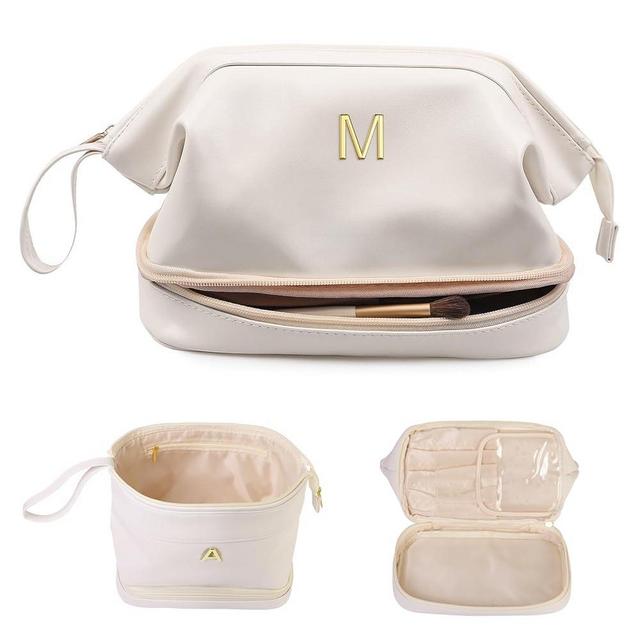 Vogewood Graduation Gifts Initial Large Makeup Bag, Personalized Double Layer Cosmetic Bag with Makeup Brush Organizer, PU Leather Travel Toiletry Bag,Bride Gift Teacher Appreciation Gifts