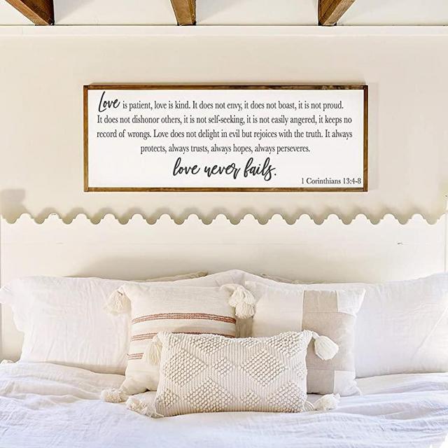 daoyiqi Wood Framed Sign 12x22'' Bible Verse Printable Wooden Prints Master Bedroom Signs Love Never Fails Sign 1 Corinthians 13 Wood Sign Love is Patient Sign Above Bed Sign Bedroom Signs