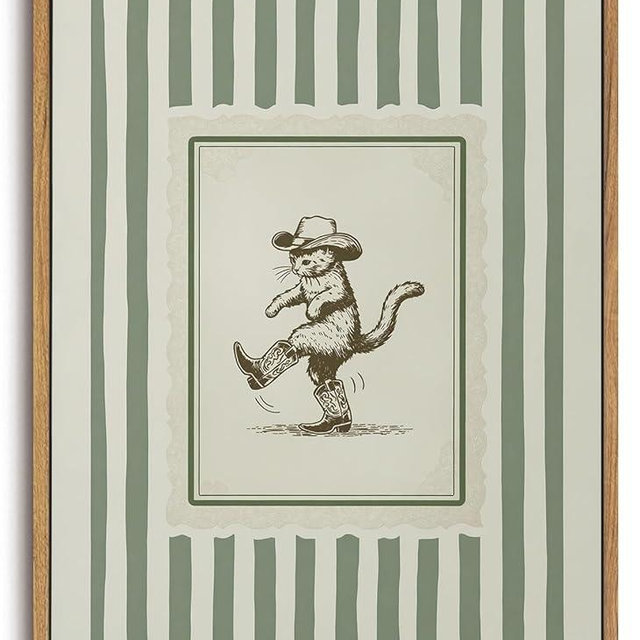 ZZLWBKGL Vintage Western Framed Wall Art Nursery Cowboy Cat Canvas Wall Art Boho Western Striped Pictures Wall Decor Funny Animal Art Prints for Living Room Kids Room Bedroom