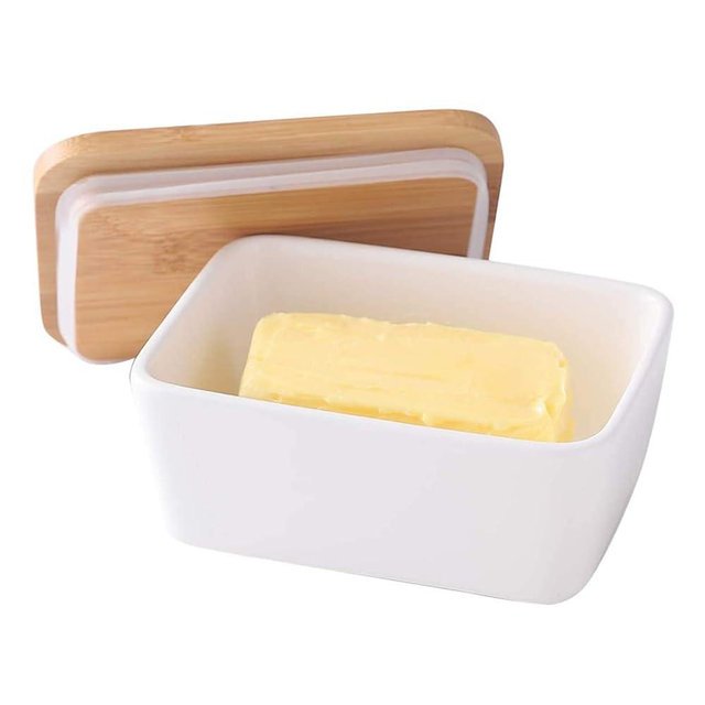 HPYNPES Large Ceramic Butter Dish with Lid and Natural Oak Wood Cover for Kitchen Decor and Accessories for Kitchen Gift, White