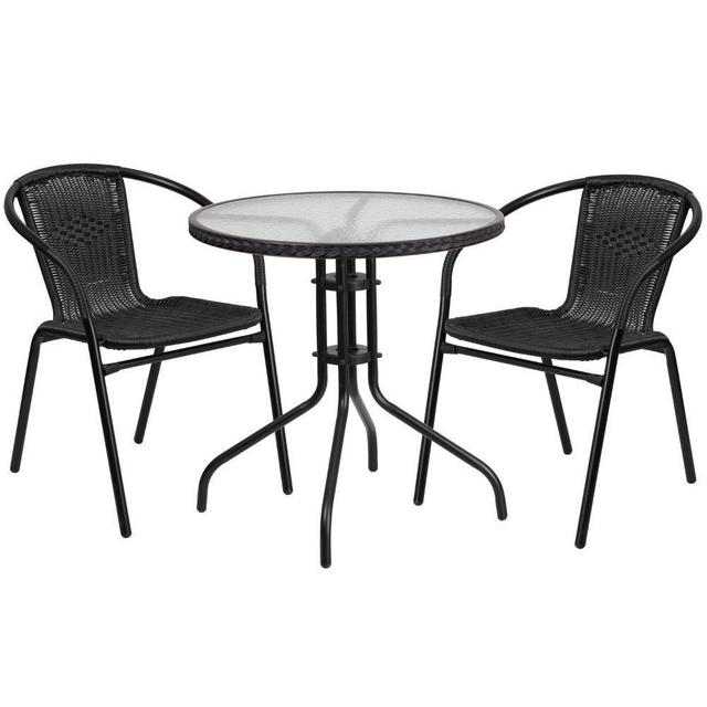 Flash Furniture 28'' Round Glass Metal Table with Black Rattan Edging and 2 Black Rattan Stack Chairs