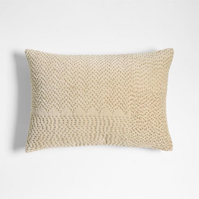 Sashiko Organic Cotton Velvet 22x15 Travertine Beige Throw Pillow with Feather Insert