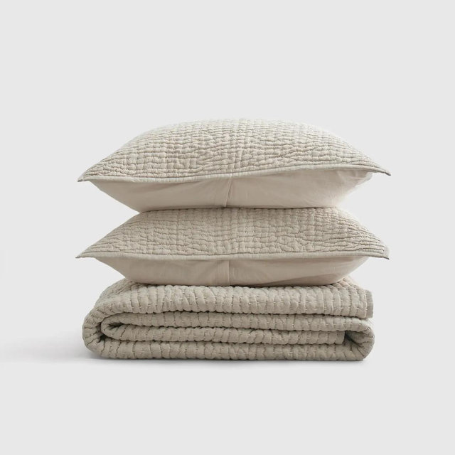 European Linen Cotton Stitch Quilt Set - Natural, Full/Queen
