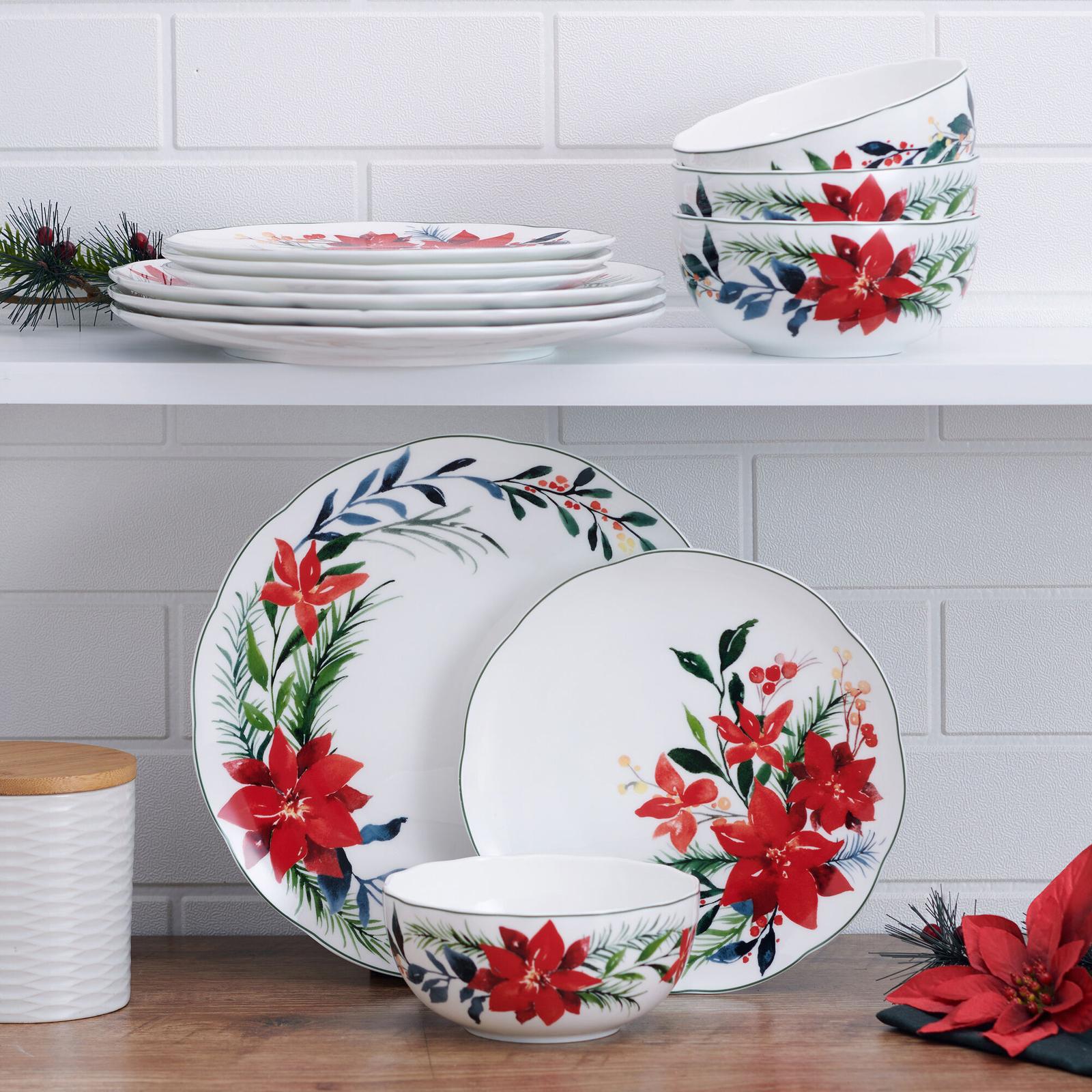 Mikasa, Merry Poinsettia 12-Piece Dinnerware Set, Service for Zola