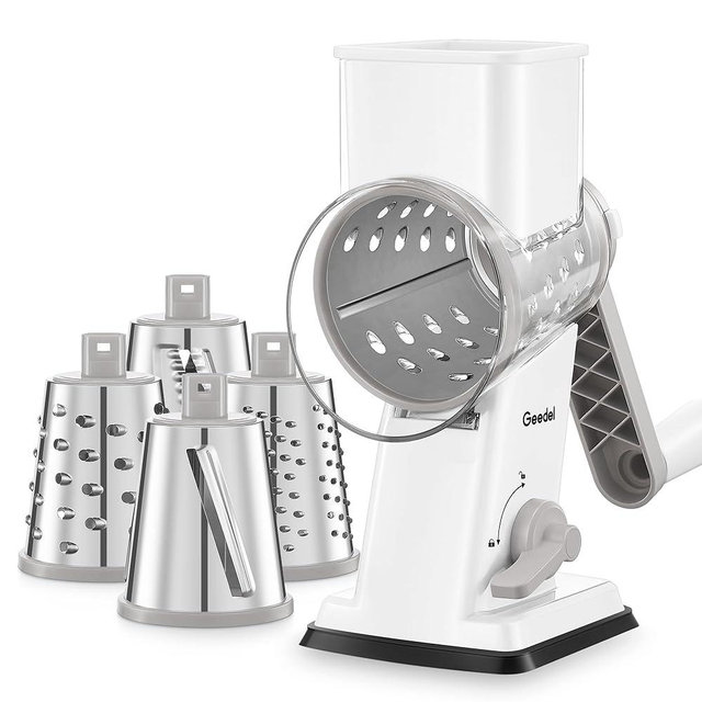 Geedel Rotary Cheese Grater - Upgraded Vegetable Shredder with 4 Interchangeable Blades, Easy to Clean Cheese Shredder with Handle, Kitchen Grater Nuts Grinder for Cutting Cheese, Vegetable, Nuts