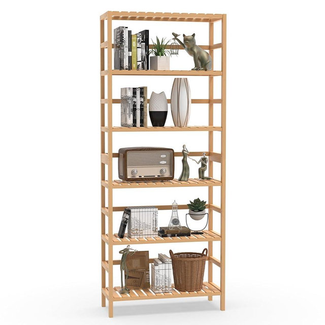 VASMIA 6-Tier Bamboo Shelf,Bamboo Storage Shelving Unit,Tall Bookcase with Adjustable Shelves,Multipurpose Storage Display Shelf for Bathroom, Living