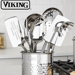 Viking Kitchen Utensils Set, 8 Piece Stainless Steel Cooking Utensil Set, Includes Spatulas, Spoons, Pasta Fork, Deep Ladle, Meat Fork, and Skimmer, Silver