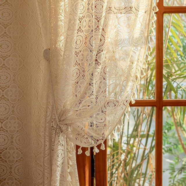 Kotile Crochet Curtain with Tassels 1 Panel Boho Lace Curtain 63 Inch Length for Bedroom, Rod Pocket Privacy Sheer Light Filtering Window Drape, W60 x L63 Inch, Beige