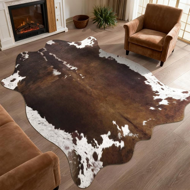 DweIke Faux Cowhide Print Rug for Living Room, 4.6 x 5.2 ft Dark Brown Western Animal Cow Hide Rugs, Non Slip Cool Cow Skin Carpet for Bedroom Dining Room Farmhouse Entrance Home Decor
