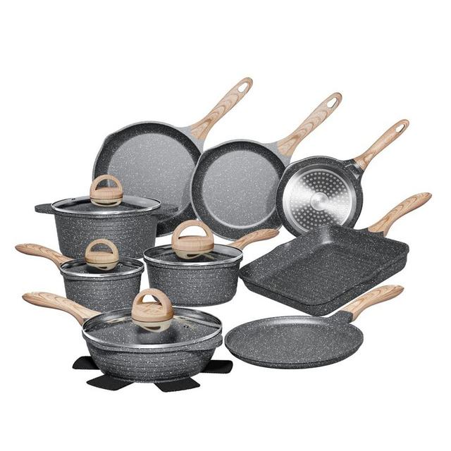 JEETEE Kitchen Pots and Pans Set Nonstick, Induction Granite Coating Cookware Sets with Frying Pan, Saucepan, Sauté Pan, Griddle Pan, Crepe Pan, Cooking Pots, PFOA Free, (Grey, 18pcs Cookware Set)