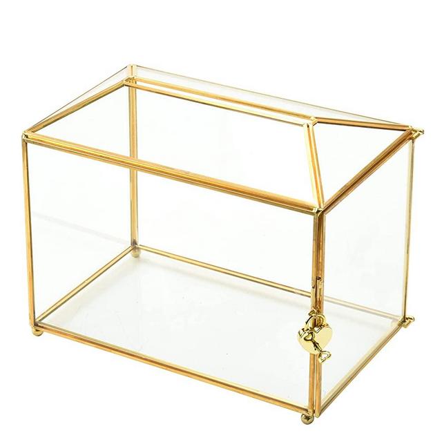 Utopz Secured Glass Wedding Gift Card Box, Clear Gold Box with Lock for Ballot/ Donation/ Raffle /Reception, Upgraded Safety Golden Glass Box, 10.3 x 5.9 x 8.5"(L W H)