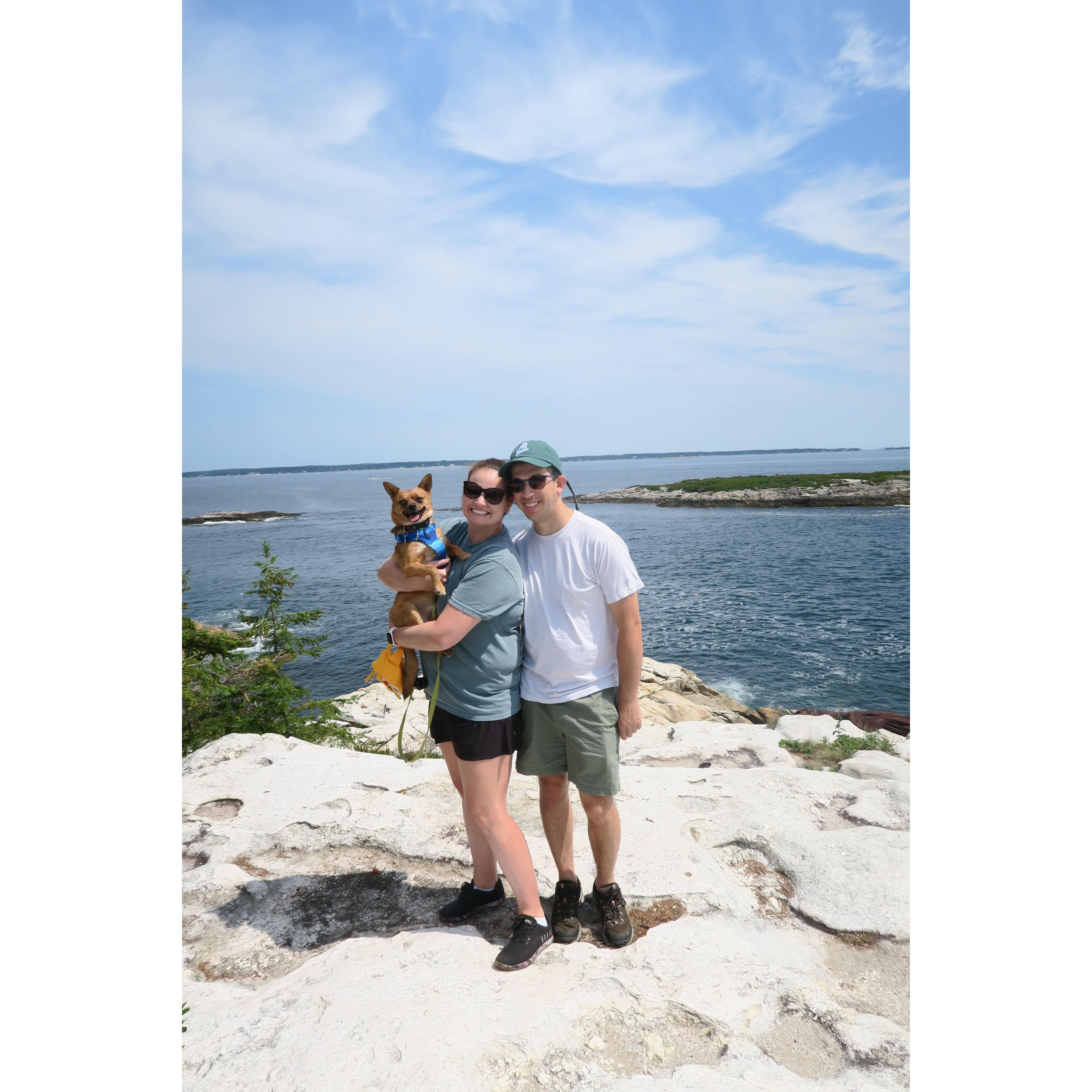 Alison, Jack, and Timber enjoying the coast at Reid State Park.