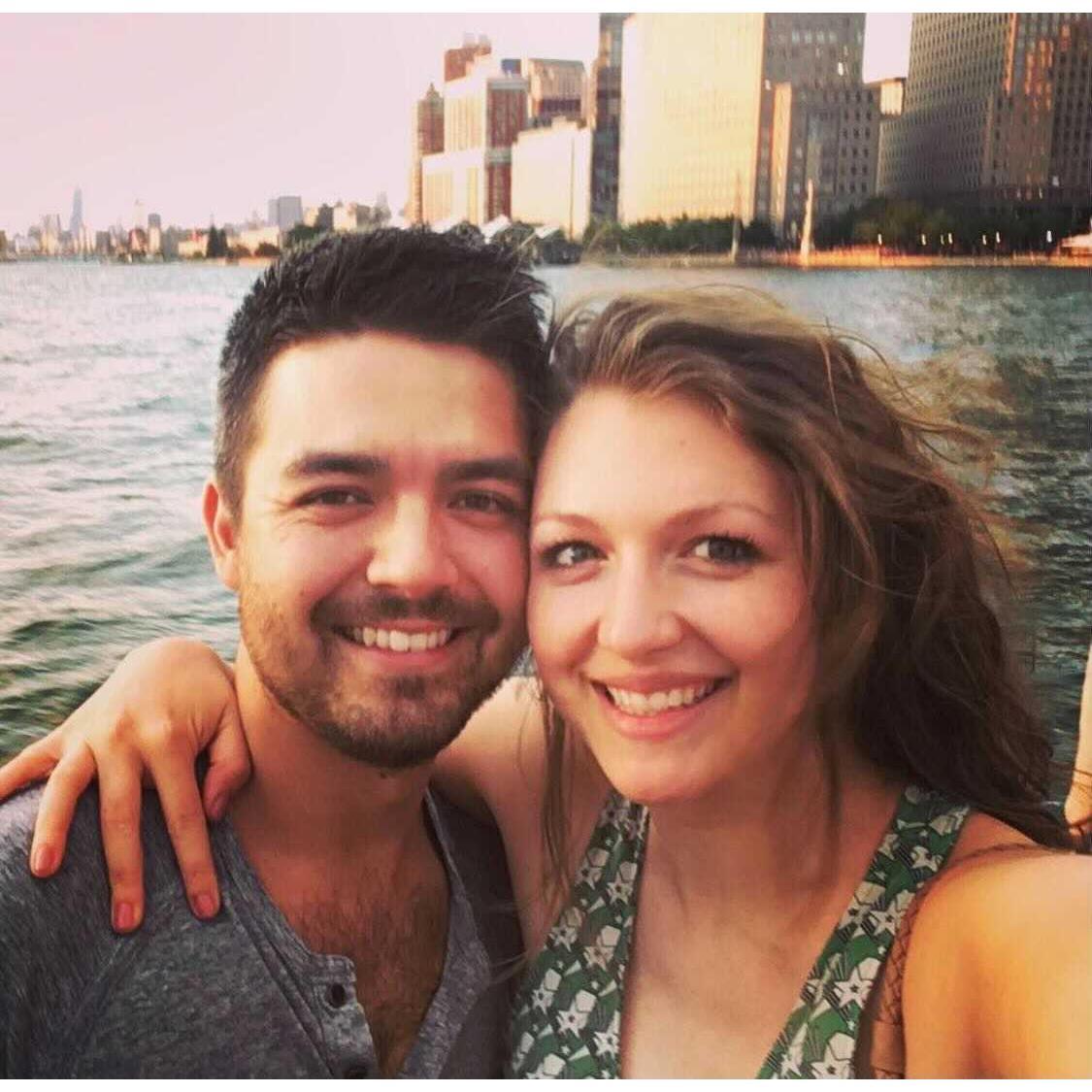 This is from our first year together, on a sunset cruise around the NYC harbor!