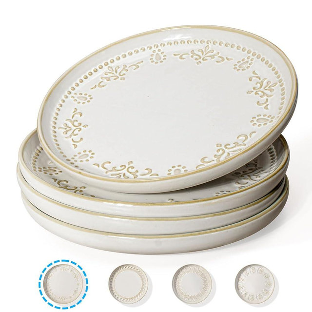 Artena Salad Plates Set Of 4, 8.5 Inch Embossed Appetizer Plates, Ceramic Small Dinner Dessert Plate, With Lipped Edges for Kitchen Microwave Oven Dishwasher Safe (Damask Floral)
