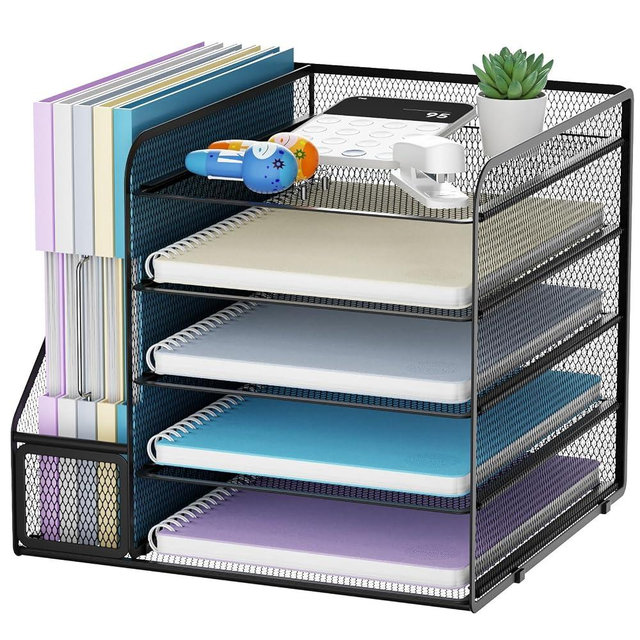 Marbrasse Desk Organizers and Accessories, 5-Tier Paper Letter Tray Organizer with File Holder, Mesh File Organizer, Office Desk Accessories & Organization for Supplies (Black)
