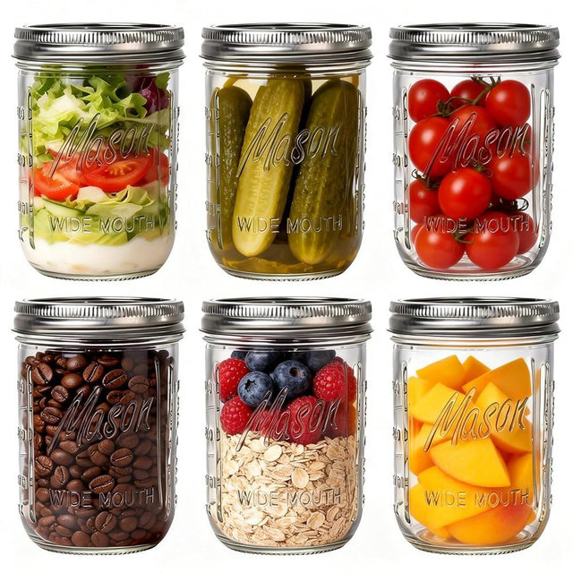 WELLIFE 6-Pack Mason Jars 16 oz with Lids – Wide Mouth Glass mason jars, Airtight Leak-Proof canning jars 16 oz for Food Storage, Fermenting, Pickling, Freezing, and Crafts