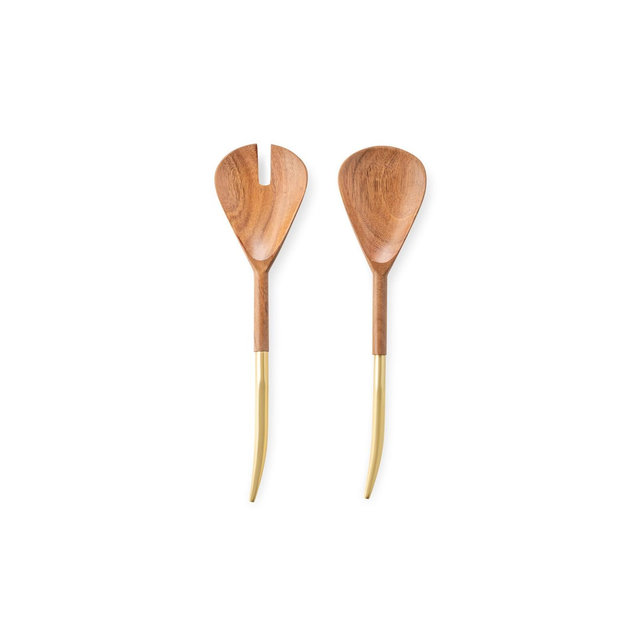 Classic Touch S/2 Wooden Salad Servers with Gold Handle