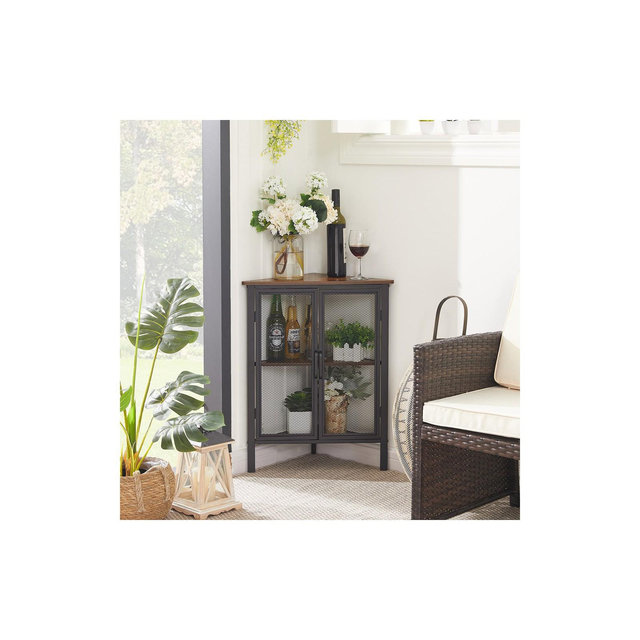 VECELO Corner Accent Cabinet, 3 tier Corner Storage Cabinet with 2 Mesh Doors and Wooden Shelves, Free-Standing Organizer for Compact Space, Brown