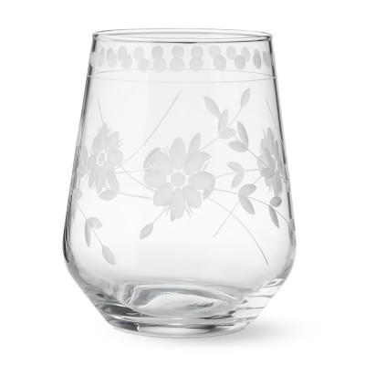Vintage Etched Stemless Wine Glasses