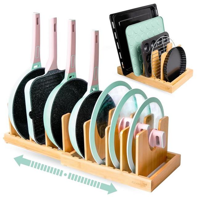 CLEANCLUE Pots and Pans Organizer under Cabinet, Bamboo Expandable Bakeware and Cutting Board Organizers, Adjustable Pot Lids Holder Rack, Cookie Sheet Baking Pan, Tray Organizer for Kitchen Storage