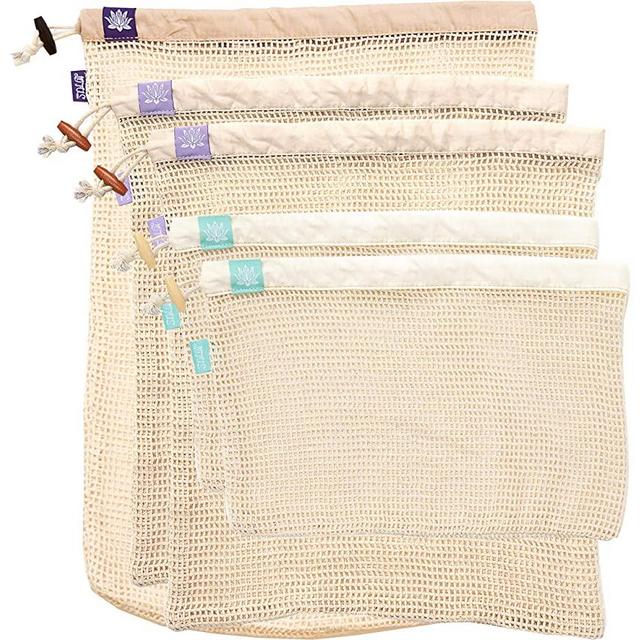 Lotus Sustainables Premium 100% Organic Cotton Reusable Produce Bags | Eco-Friendly Mesh Produce Bags For Groceries | Machine Washable Vegetable/Fruit Bag | Set of 5