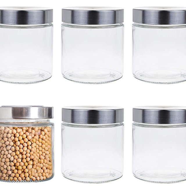 Lawei 6 Pack 27 Oz Clear Glass Jars with Stainless Steel Lids - Glass Food Canister Set Food Storage Jars for Cookie Rice Beans Pasta Snacks