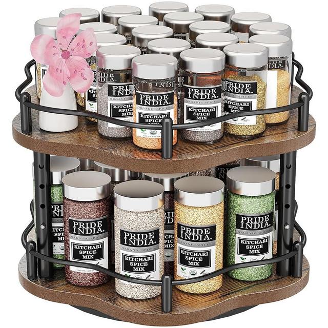 Lazy Susan Organizer Spice Rack - Rotating Adjustable Height Spice Organization for Cabinet Kitchen Pantry, 2 Tier 10 Inch, Black