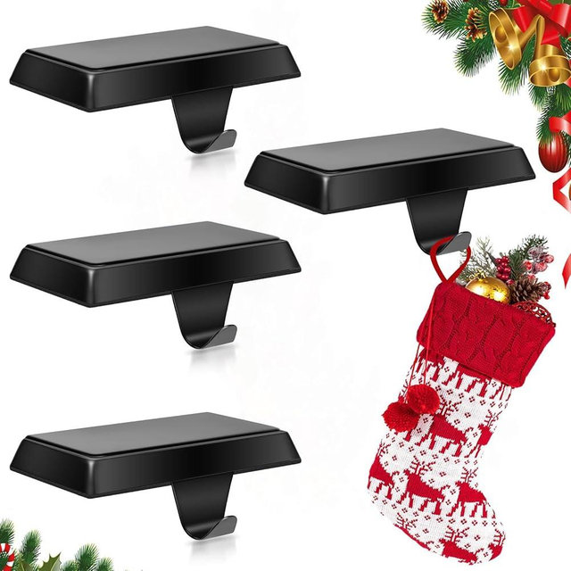 ToiULik Set of 4 Metal Christmas Stocking Holders for Mantle Heavy Duty Stocking Hangers Stocking Hook Christmas Ornaments for Counter Tables Window Fireplace Mantle Decoration(Black)