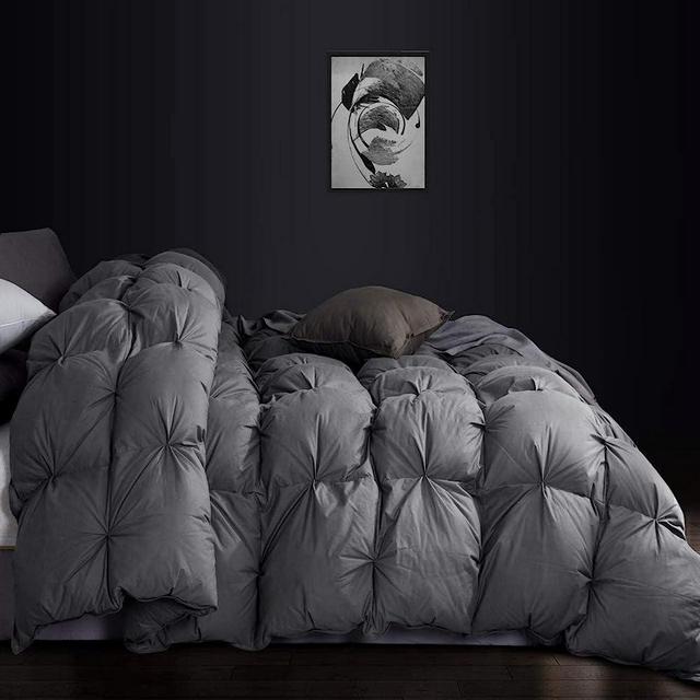 Luxurious All-Season Goose Down Feather Fiber Comforter Queen Size Duvet Insert, Exquisite Pinch Pleat Ruffled Twisted Flower, Premium Baffle Box, 100% Egyptian Cotton Cover, 60 oz. Fill Weight, Gray