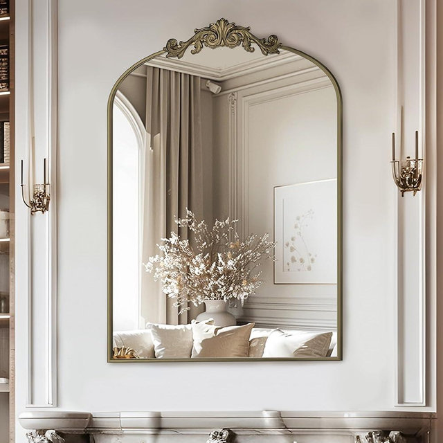 Furnbar Arched Wall Mirror, 22"x30" Vintage Bronze Baroque Mirror, Wall Vanity Mirrors French Brass Mirrors, Home Decor for Living Room Bedroom Cloakroom-Bronze