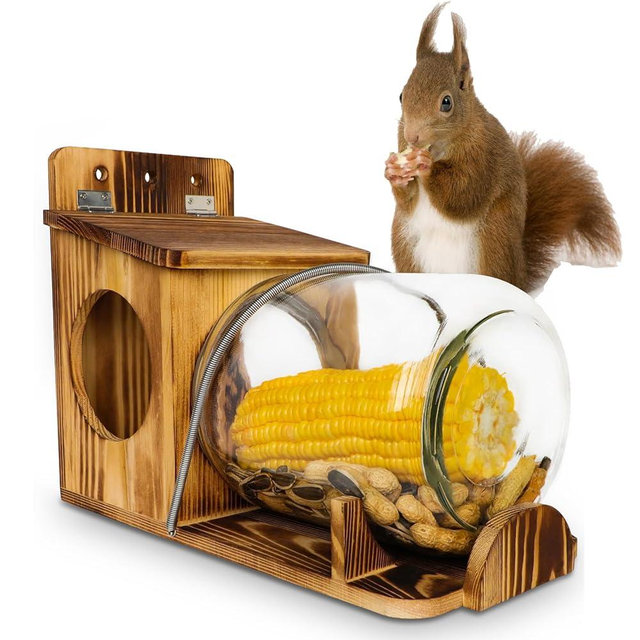 PFNRTH No Assembly Squirrel Feeder,Natural Wood Backyard Gallon Jar Large Squirrel Feeders for Outside Funny for Corn Cobs, Peanuts and Seeds