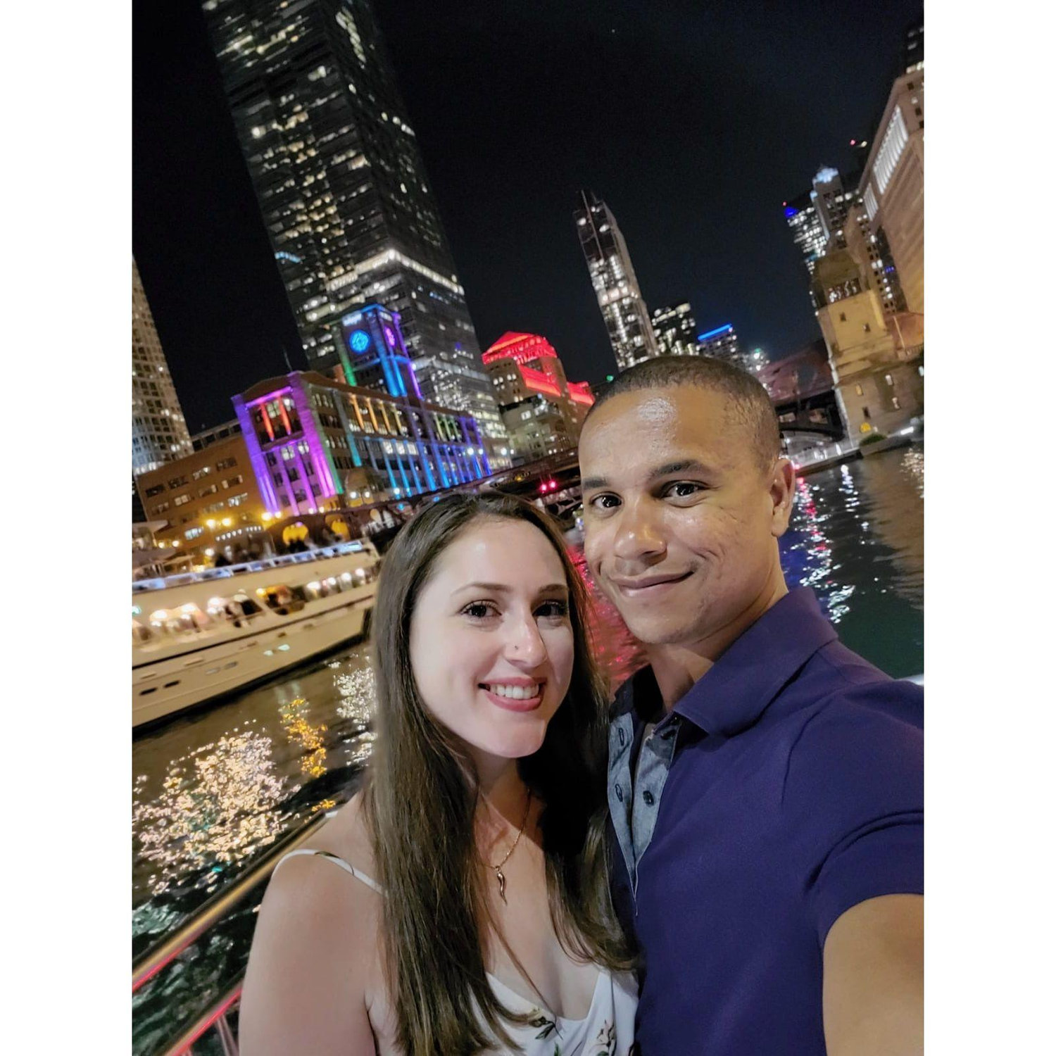 Strolling along the riverwalk downtown Chicago.