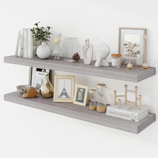 Acovy 40 Inch Floating Shelves, 9.3" Deep Floating Shelf Wall Mounted, 40" Wall Shelves, Rustic Deep Bookshelf, Large Display Shelves & Storage Shelves for Bedroom, Living Room, Gray, Set of 2
