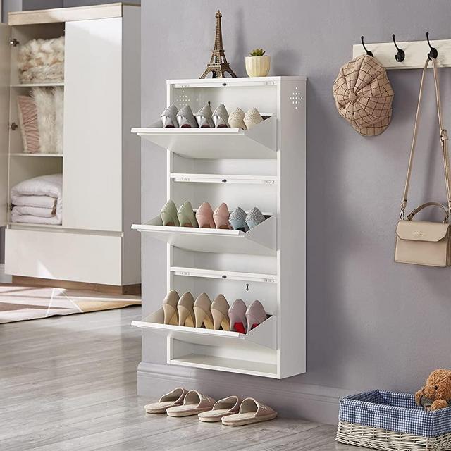 3 Drawer Shoe Storage Cabinet - SPACEROCK Wall Mounted & No-Assembly 20“ Metal Shoe Cabinet for Entryway, Hallway, and Corridor, Holds 9 Pair Shoes, White