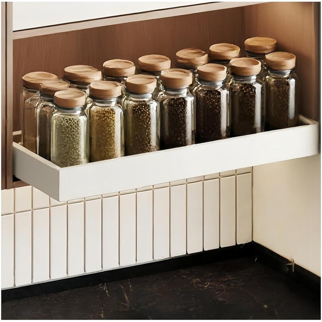 Fokyfok Pull out Cabinet Organizer,Width (18"-25") and Depth (10"-13") Expandable,No Drill Adjustable Slide out Drawers for Pantry,Adhesive Roll out Shelves Short,for upper cabinet,White
