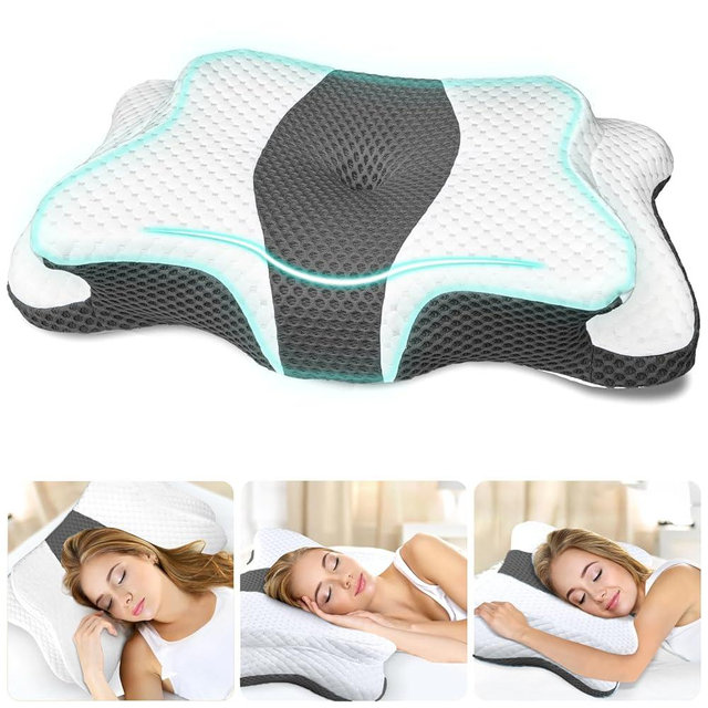 CHxxy 5X Pain Relief Cervical Pillow for Neck and Shoulder Support,Ear Piercing Design Memory Foam Pillows, Orthopedic Ergonomic Pillow,Contour Bed Side,Back,Stomach Sleeper Grey