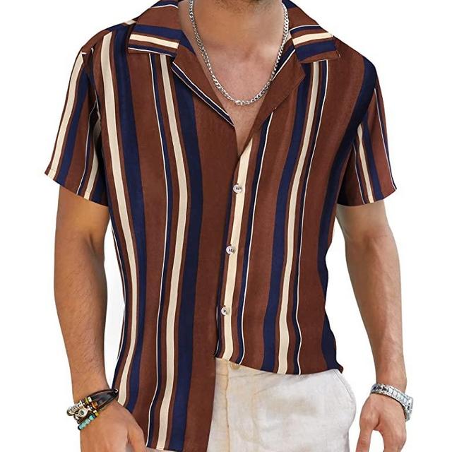 COOFANDY Men's Striped Button Down Shirts Short Sleeve Summer Hawaiian Beach Shirts